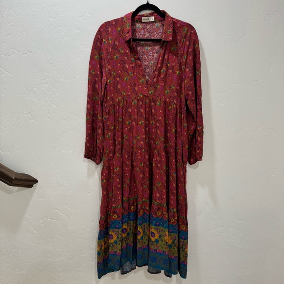 Natural Life Rebecca Maxi Dress Pockets Red Clay Long Sleeve Tiered Bohemian L - Picture 4 of 14
